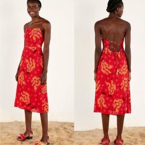 Farm Rio Red Tiki Bananas Tie Back Midi Dress Size Medium Sleeveless Tropical